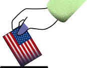 ilustração de uma mão segurando uma bandeira dos Estados Unidos como se fosse uma cédula de votação sendo colocada na urna