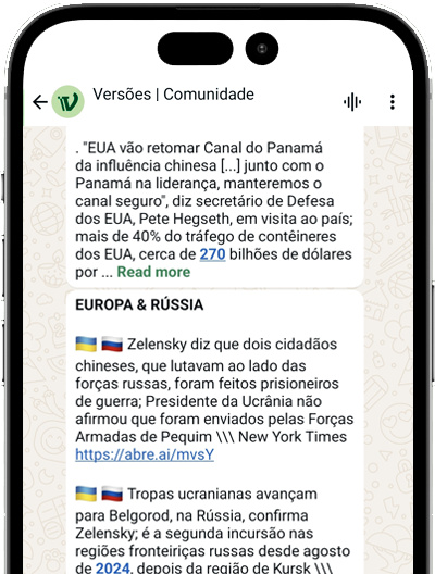 foto de um celular com a tela do WhatsApp dentro e balões de mensagens com notícias enviadas pelo perfil do Versões