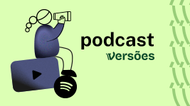 ilustração de uma pessoa olhando por um binóculos e sentada sobre um play de vídeo com os pés sobre o logo do Spotify